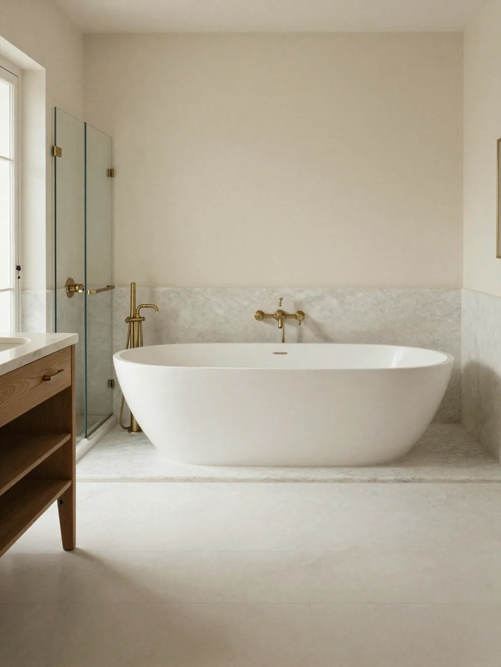 A luxury bathroom with a freestanding bath and a walk-in brushed-brass shower