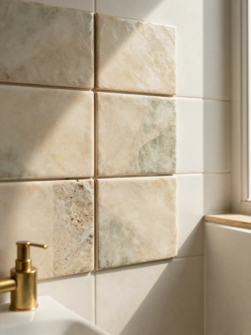 A brushed brass shelf detail against warm stone-effect tiling