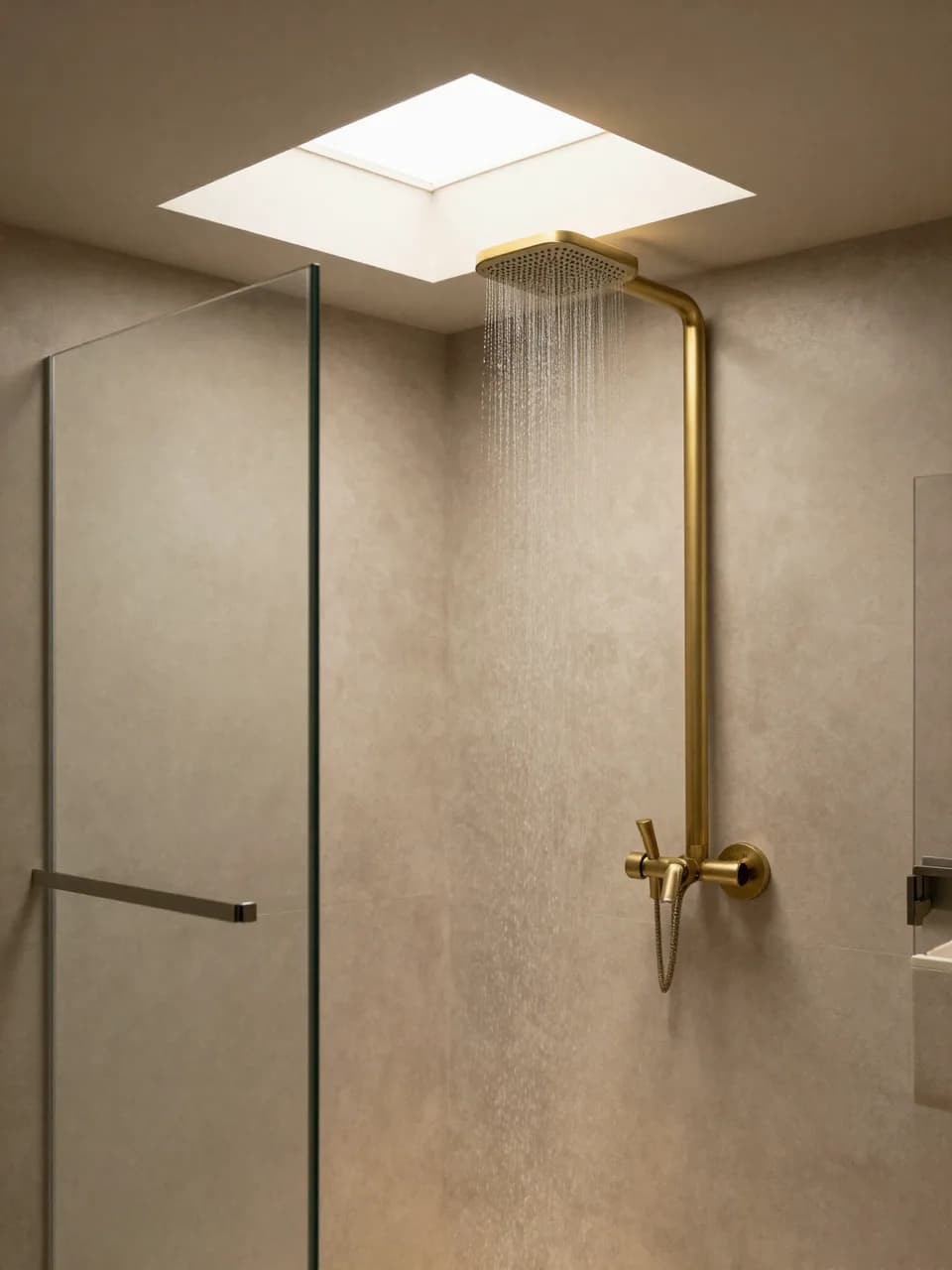 An open wet room with a ceiling-mounted brass rain shower and glass screen