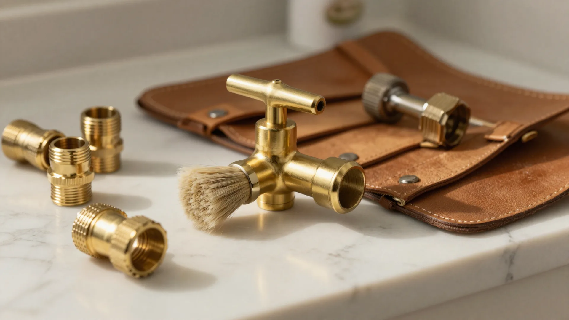 Brass fittings and an open leather tool roll on a marble top