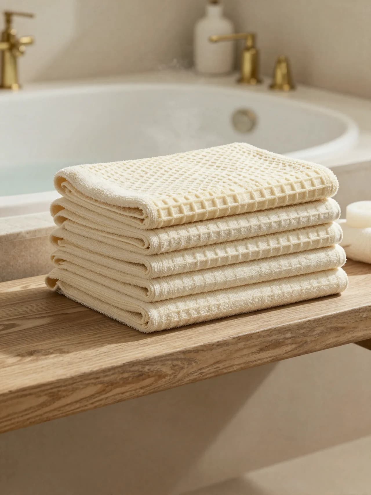 Folded towels beside brushed brass fittings