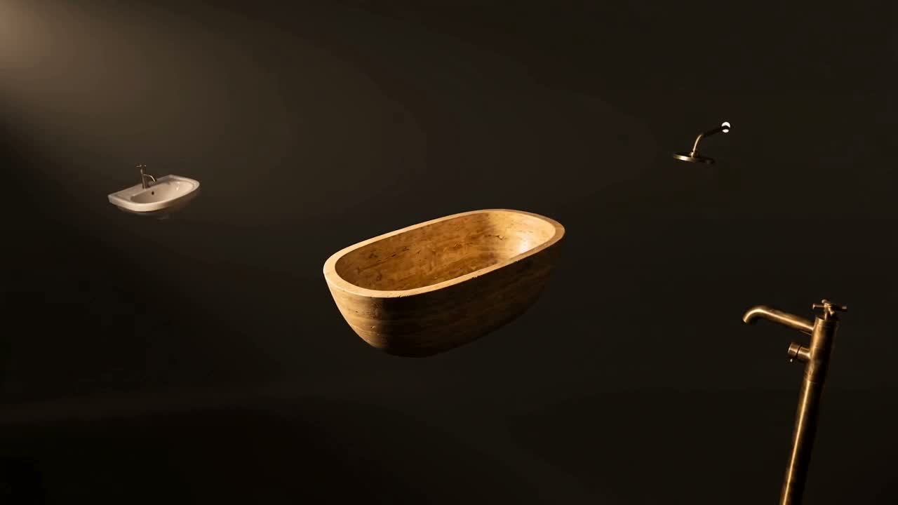 A freestanding stone bath with a brushed brass floor-standing tap, steam rising in warm morning light